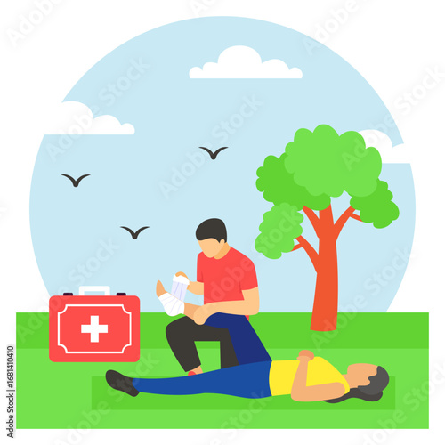 Paramedics wrapping sports woman injured foot concept, rescuer giving immediate care on spot vector design, first aid people scene, Medical emergency banner, Saving Lives services illustration