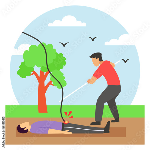 Rescue Technique for Victim of Downed Power Line concept, Electrical Hazard during rainstorm vector design, first aid people scene, Medical emergency banner, Saving Lives services illustration