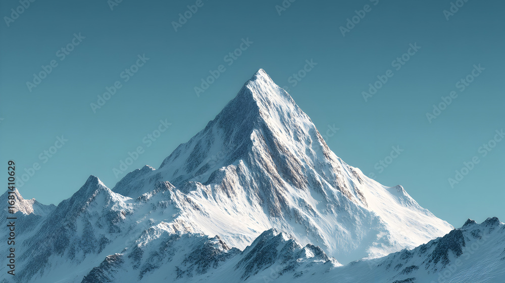 Fototapeta premium Snowy mountain peaks rise against a clear blue sky.