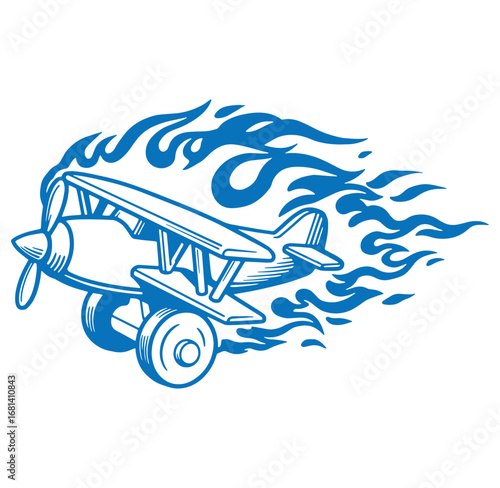 Blue silhouette illustration of a biplane aircraft with flames and speed effect on white background