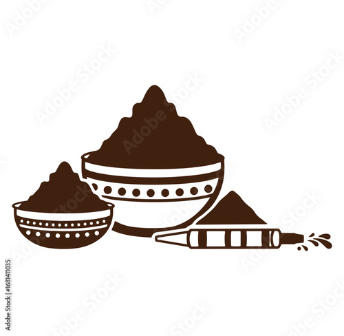 Brown bowls filled with powder and an applicator depicting an indian festival concept