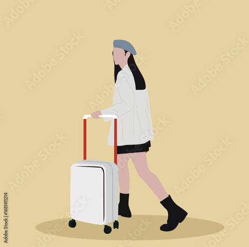  people pushing a suitcase. woman pushing suitcase