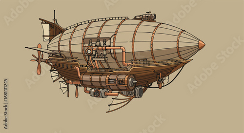 Floating Airship Illustration in Neutral Ambience, Retro-Futuristic Design