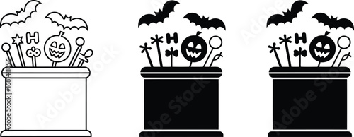 Halloween candy bucket with bats and pumpkin on sticks vector