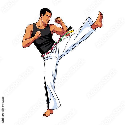 Dynamic Martial Artist: A muscular martial artist executes a high kick with precision, his focused expression and agile stance conveying the discipline and power of the sport.