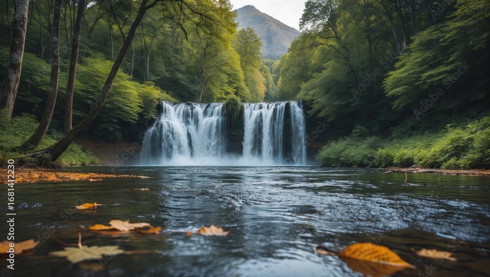 Obraz premium Serene waterfall surrounded by dense trees