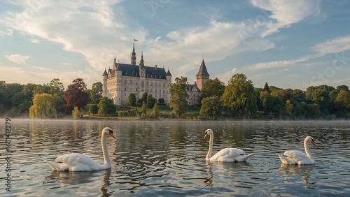 Fototapeta Naklejka Na Ścianę i Meble -  Medieval fortress seen from the waters with swans nearby