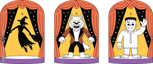 Halloween monsters on stage with curtains in a cartoon style