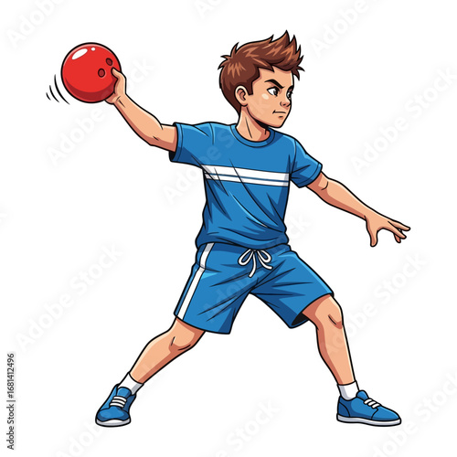 Ready to Bowl: An enthusiastic child in sportswear prepares to throw a bowling ball, set against a plain backdrop.