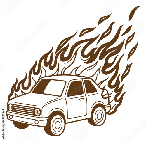 Burning car illustration featuring flames and outline style for various creative projects