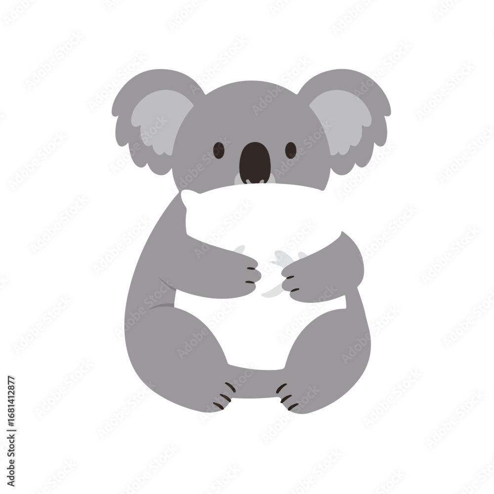 Fototapeta premium Hugging Pillow Gray Koala Comforts Itself on a White Background