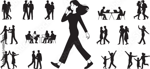 Diverse group of people in silhouette engaged in various activities including walking talking working and celebrating