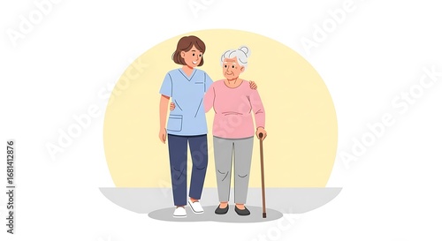 Female caregiver providing gentle assistance to an elderly woman using a walking stick, symbolizing senior care, support, and home health services ...