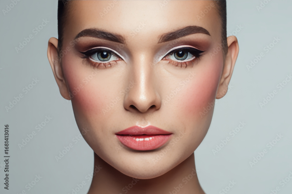 Fototapeta premium Close-up portrait of a young woman with flawless skin and elegant makeup, featuring soft pink blush and a subtle winged eyeliner, conveying beauty and sophistication.