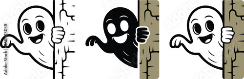 Three cartoon ghosts peeking around a wall for halloween design