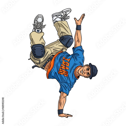 Energetic Breakdancer in Dynamic Pose: A dynamic illustration of a breakdancer executing a complex move with precision and passion. Showcasing energy and urban culture.