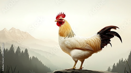 Close-up view of a beautiful colorful chicken standing outdoors with mountains in the background.