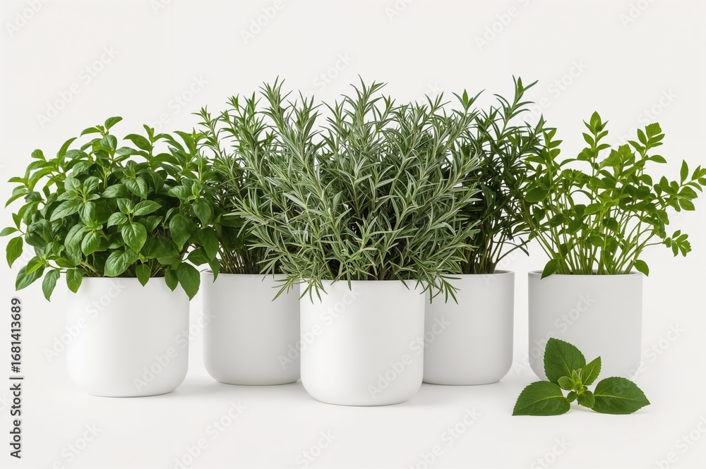 Fototapeta premium Different herbs like basil, thyme, parsley, and rosemary cultivated in white pots on a white backdrop.
