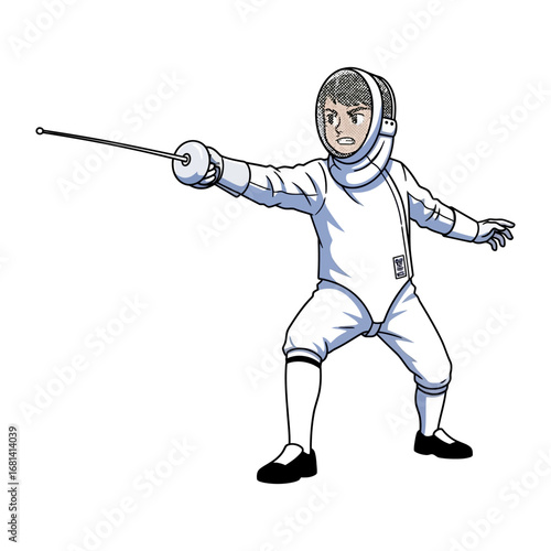Fencer in Action: A determined fencer poised, the artful depiction capturing focus and skill in this photorealistic illustration. 