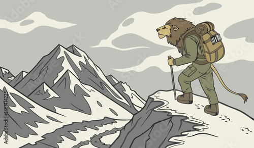 A Lion wearing hiking gear and a backpack, standing at the top of a snowy mountain, cinematic epic scenery, photorealistic and adventurous.