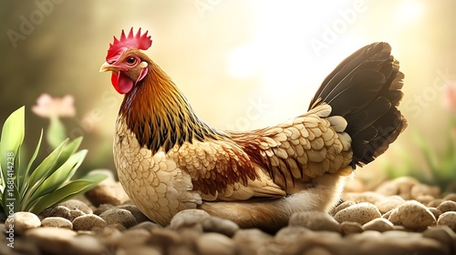 Close-up of a colorful hen hatching eggs outdoors with mountains in the background.