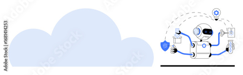 Robot managing data, security, and automation tools beneath cloud. Ideal for technology, AI, cloud computing, automation, innovation multitasking security. Simple flat metaphor