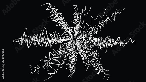 Abstract vector illustration of jagged scribbled lines radiating outward like an energetic burst on a black background, dynamic and powerful.