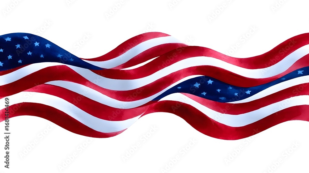 Fototapeta premium Vibrant and dynamic American flag with stars and stripes waving against a white background, symbolizing the pride, freedom, and patriotism of the United States of America.