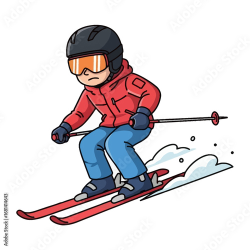 Downhill Skiing Illustration: Energetic skier descends a snowy slope. This playful illustration captures the exhilaration of gliding down a snow-covered mountain.