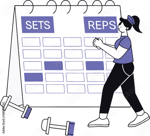 Fitness routine planner calendar with woman tracking sets and reps dumbbells exercise schedule