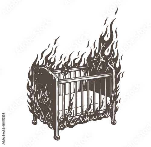 Illustrated depiction of a burning baby crib with ominous flames around the structure