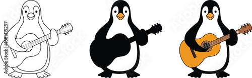 Three penguins playing guitars in different art styles design