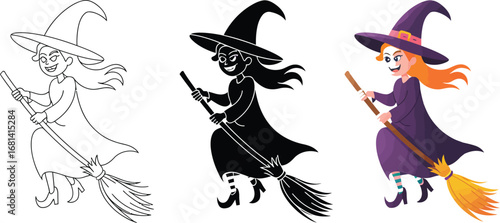 Cartoon witch flying on broomstick in three different styles