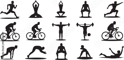 Black silhouette figures engaged in various sports and fitness activities running yoga