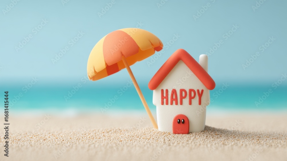 Naklejka premium Colorful beach house toy with an umbrella showcasing the word happy, symbolizing joy and relaxation in a tropical seaside setting on sand