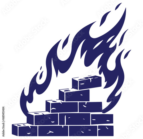 Illustration of a brick wall engulfed in flames depicting destruction and burning