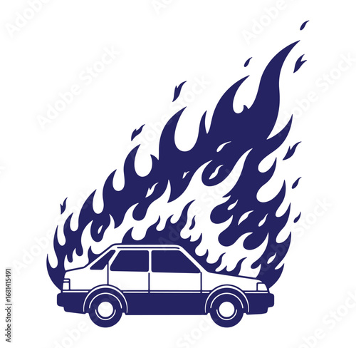 Illustration of a car engulfed in flames symbolic of destruction and burning