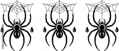 Three black spiders with webs and drops on a light