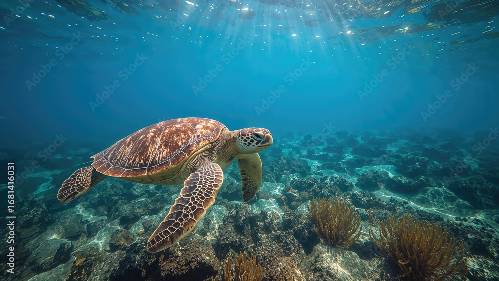 Obraz premium Marine turtle navigating underwater depths