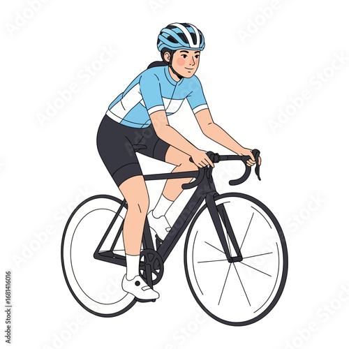 Woman Cyclist in Motion: A confident cyclist, in full gear and a supportive helmet, maneuvers her road bike with grace and power, capturing the essence of fitness and competition.