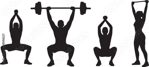 Silhouette Fitness Training Poses Barbell Squats Stretching Workout Regimen Diverse Exercise Variety