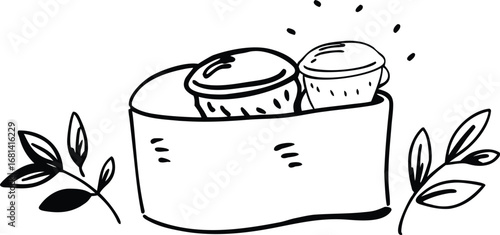 Hand-drawn sketch of delicious cookies in a box with leafy accents