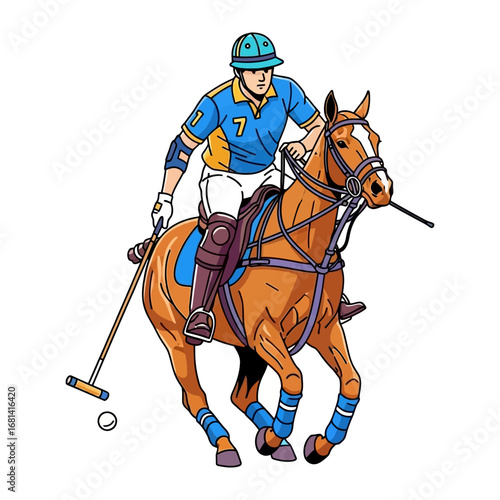 Polo Player: A polo player swiftly maneuvers their horse in a thrilling match, expertly wielding their mallet towards the ball. Captured with dynamic energy.