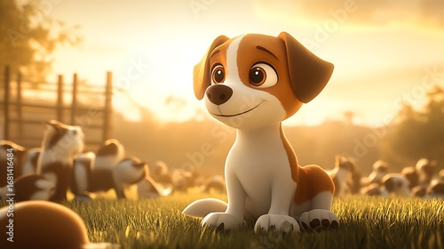 Realistic 3D image of a puppy in an outdoor orange light atmosphere.