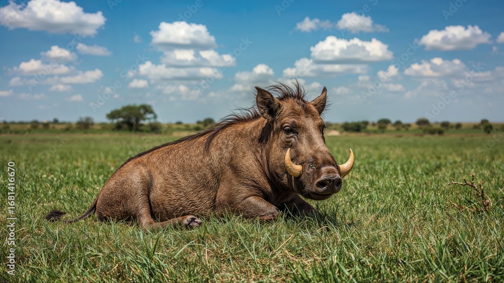 Fototapeta premium Swine calmly sitting in grassy terrain