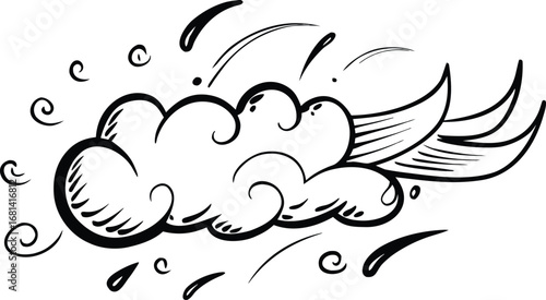 Hand drawn sketch of a windy cloud with swirling air and raindrops