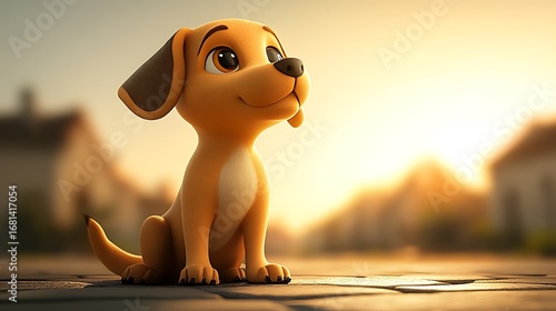 Realistic 3D image of a puppy in an outdoor orange light atmosphere.