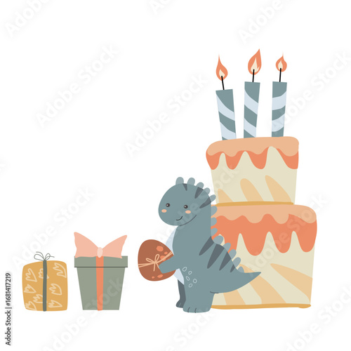Cute dinosaur celebrating birthday with gifts and cake illustration.