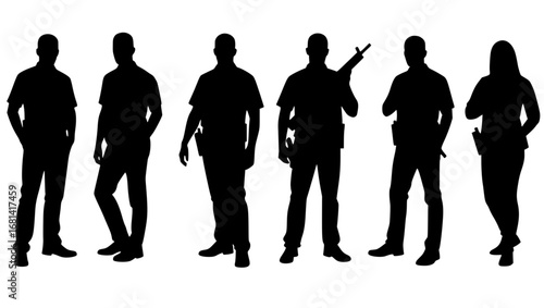 A striking array of silhouettes of individuals, each uniquely posed, cast a powerful impression, evoking a sense of mystery and anonymity. This collection showcases a dynamic study of form and shadow.