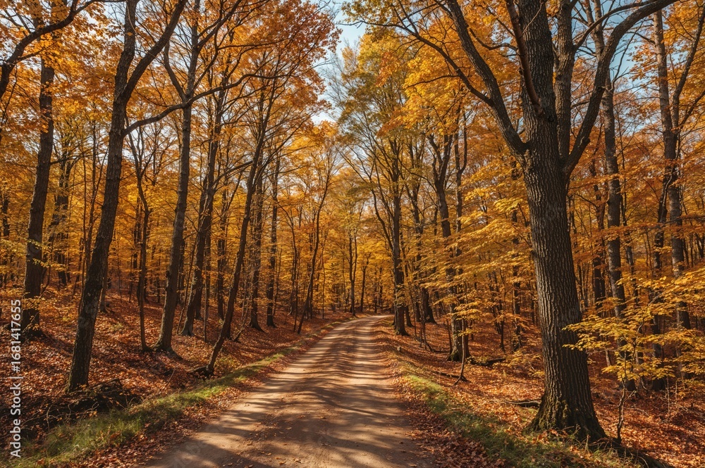 Obraz premium Stroll through the golden woods on a lovely fall afternoon.